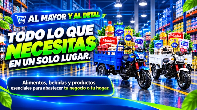 Al mayor y al detal. Alimentos, bebidas y productos esenciales para abastecer tu negocio o tu hogar. Motos de carga azul y blanca con productos.